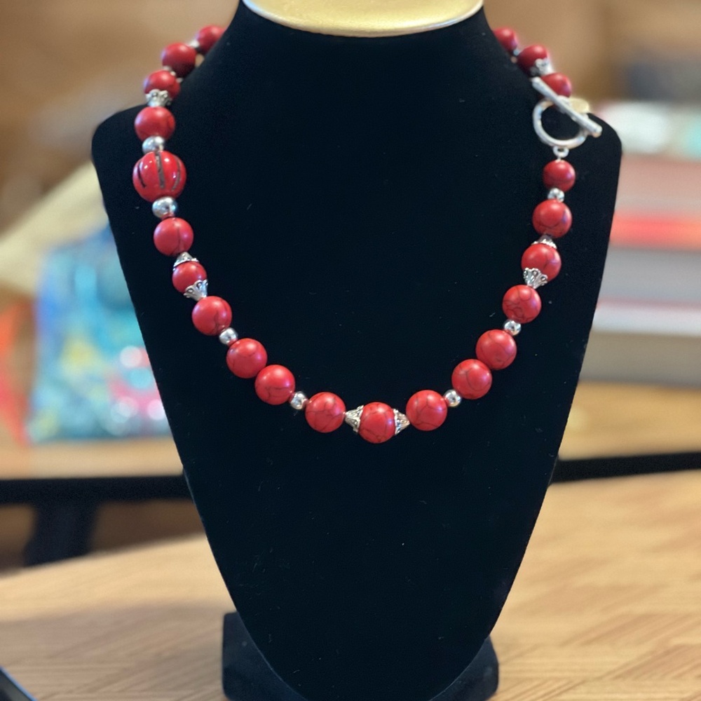 Vibrant Red Beaded Necklace with Silver Accents (Handmade)